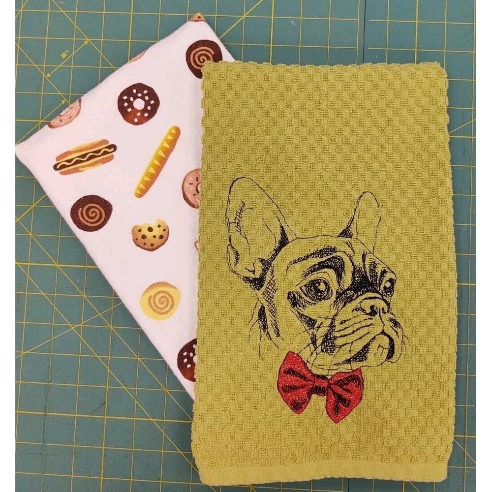 FRENCH BULLDOG With Bow Tie Kitchen Bath Hand Bar Towel Set of 2 Great Gift!